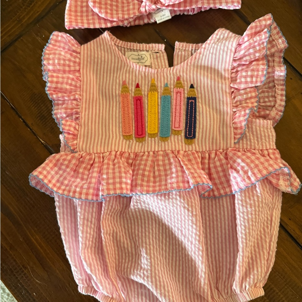 Mud Pie Pink Striped Diaper Cover with Crayon Embroidery